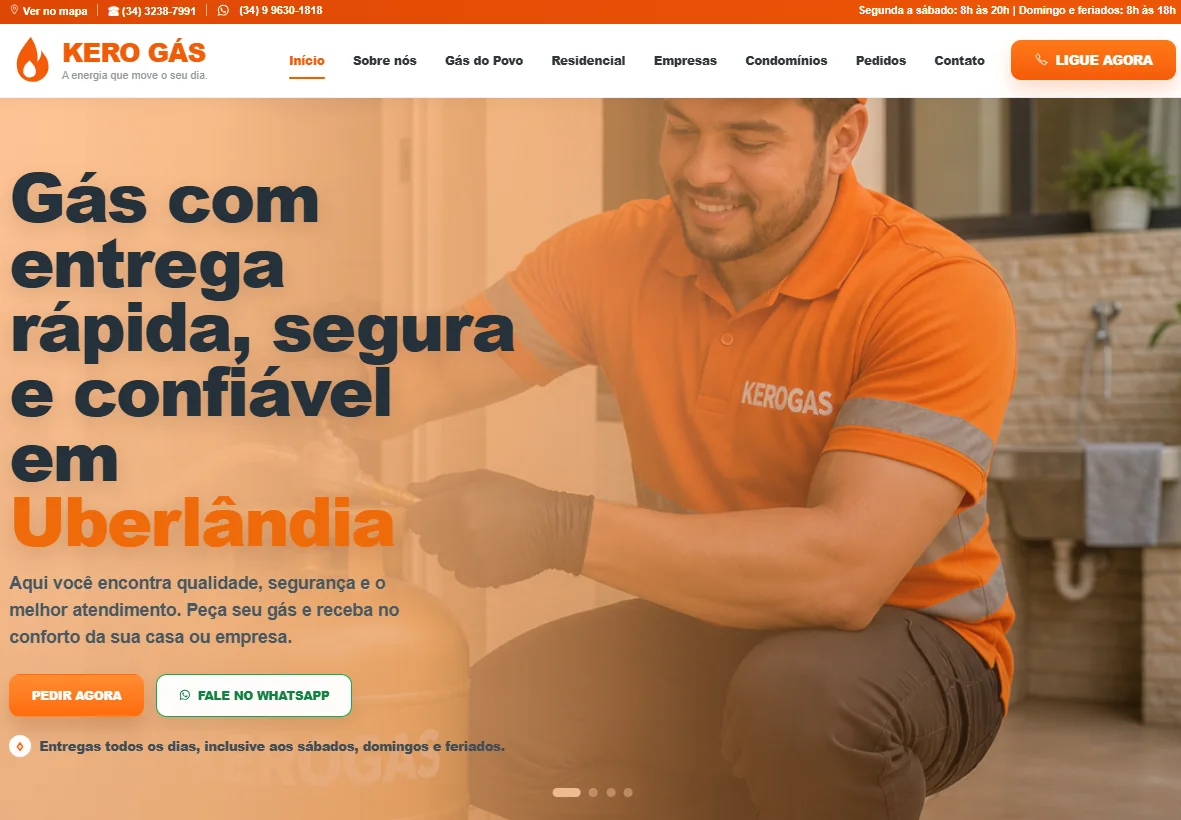 Página inicial desktop do site Kero Gás